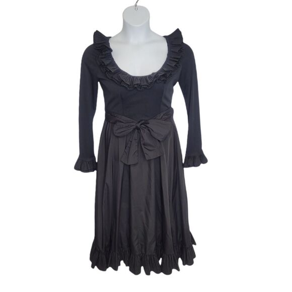 VINTAGE 60s dress black ruffle long sleeve scoop neck midi S - Picture 1 of 11